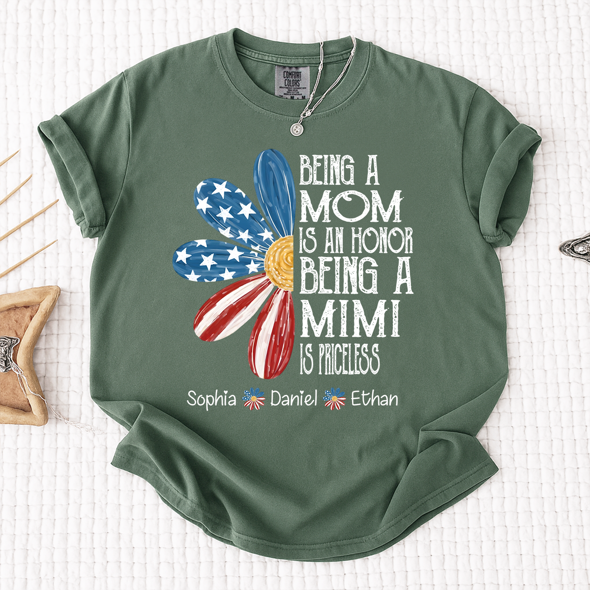 Comfort Colors Custom Mimi T Shirt with Grandkids Names USA Flag Daisy Graphic Being a Mom Is an Honor Mimi Is Priceless Family Name Personalized Apparel