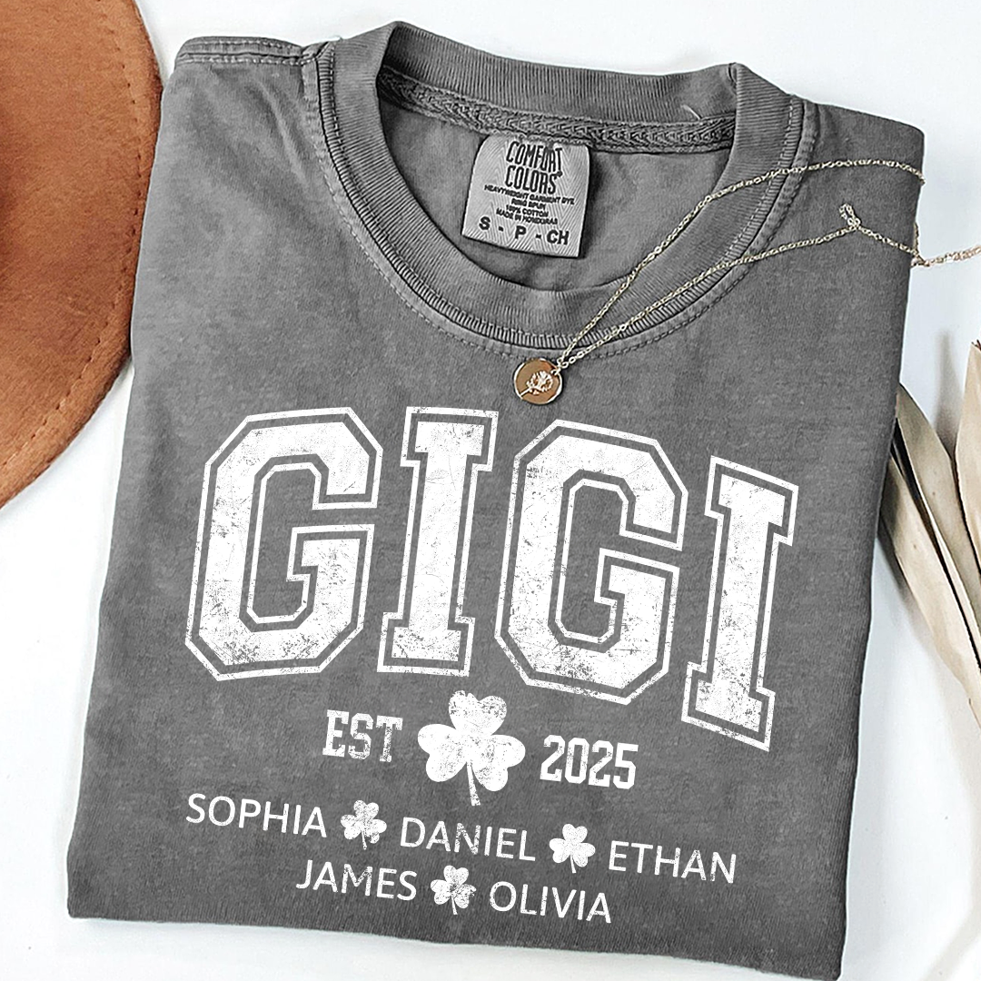 Comfort Colors St Patrick’s Day Gigi Shirt Est 2025, Custom Grandma T Shirt with Kids Names Shamrock Design