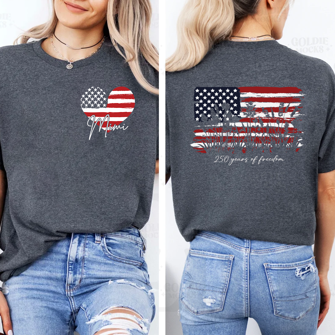 Personalized Mimi Patriotic Shirt, Custom Grandma Name USA Flag Heart T-Shirt, 4th of July Family Matching Tee for Mimi