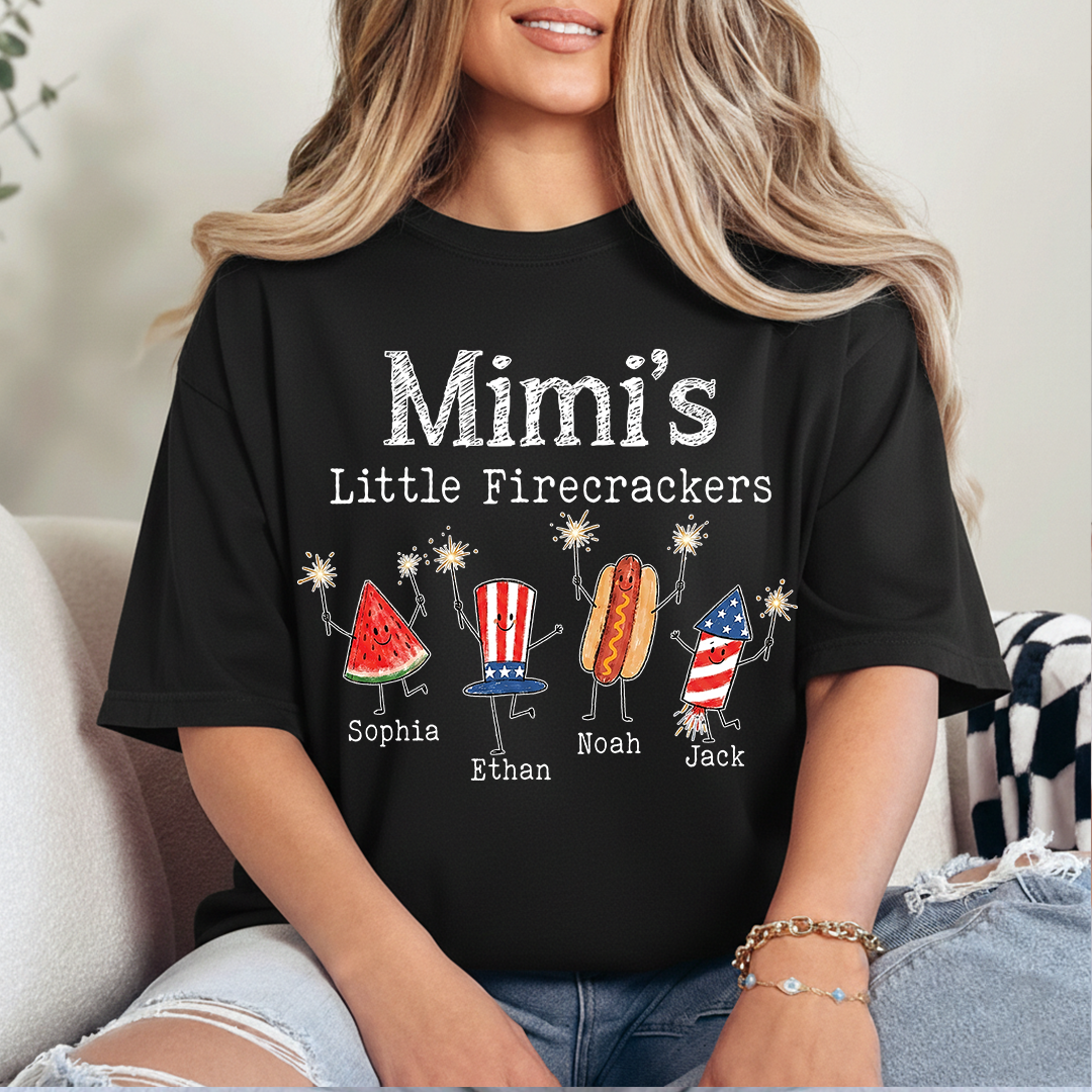 Personalized Mimi's Little Firecrackers Shirt, Custom Grandma Tee with Grandkids Names, Patriotic 4th of July Family Shirt for Mimi