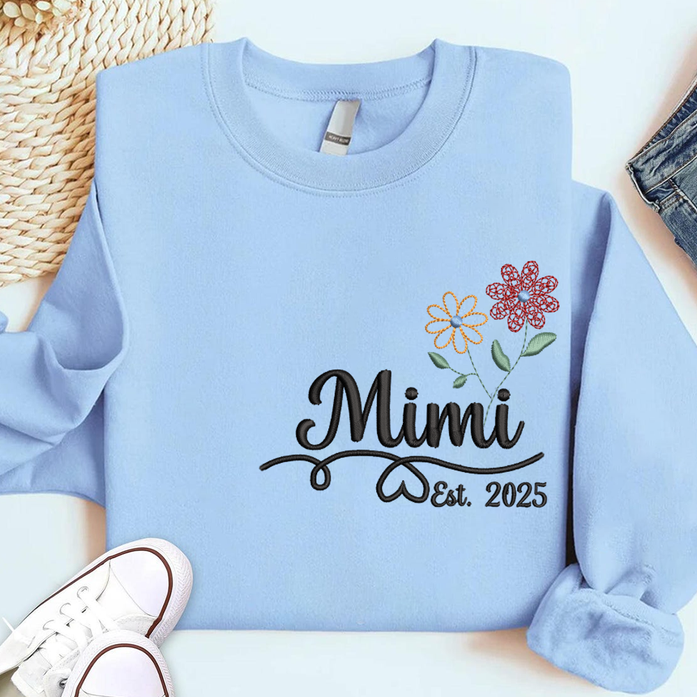 Personalized Embroidered Name Sweatshirts with Flowers, Gifts For Grandma And Kids