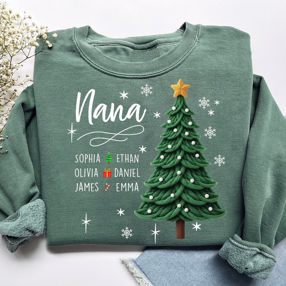 Nana Christmas Sweatshirt with Grandkids’ Names, Cute Tree Holiday Gift
