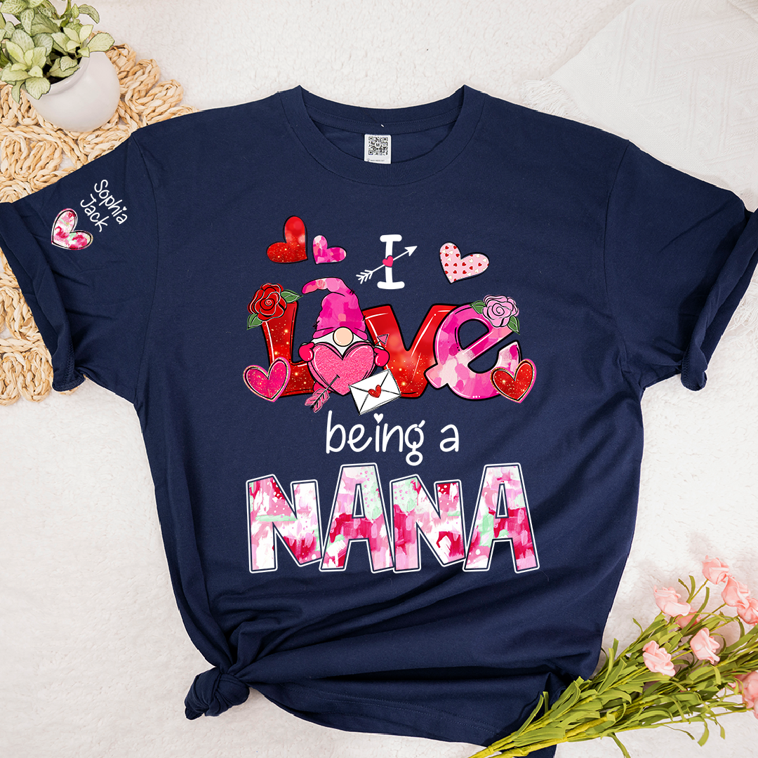 Personalized I Love Being A Nana Valentine T-shirt, Cute Bow and Strawberry Design for Grandma and Kids
