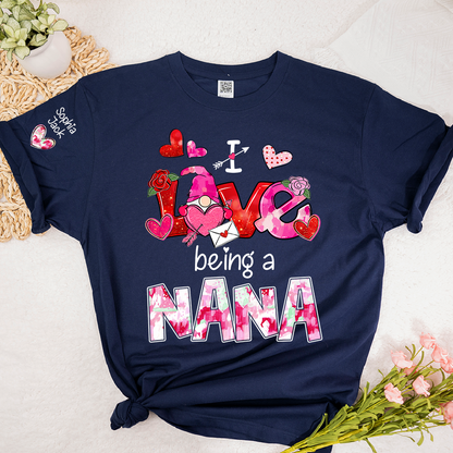 Personalized I Love Being A Nana Valentine T-shirt, Cute Bow and Strawberry Design for Grandma and Kids