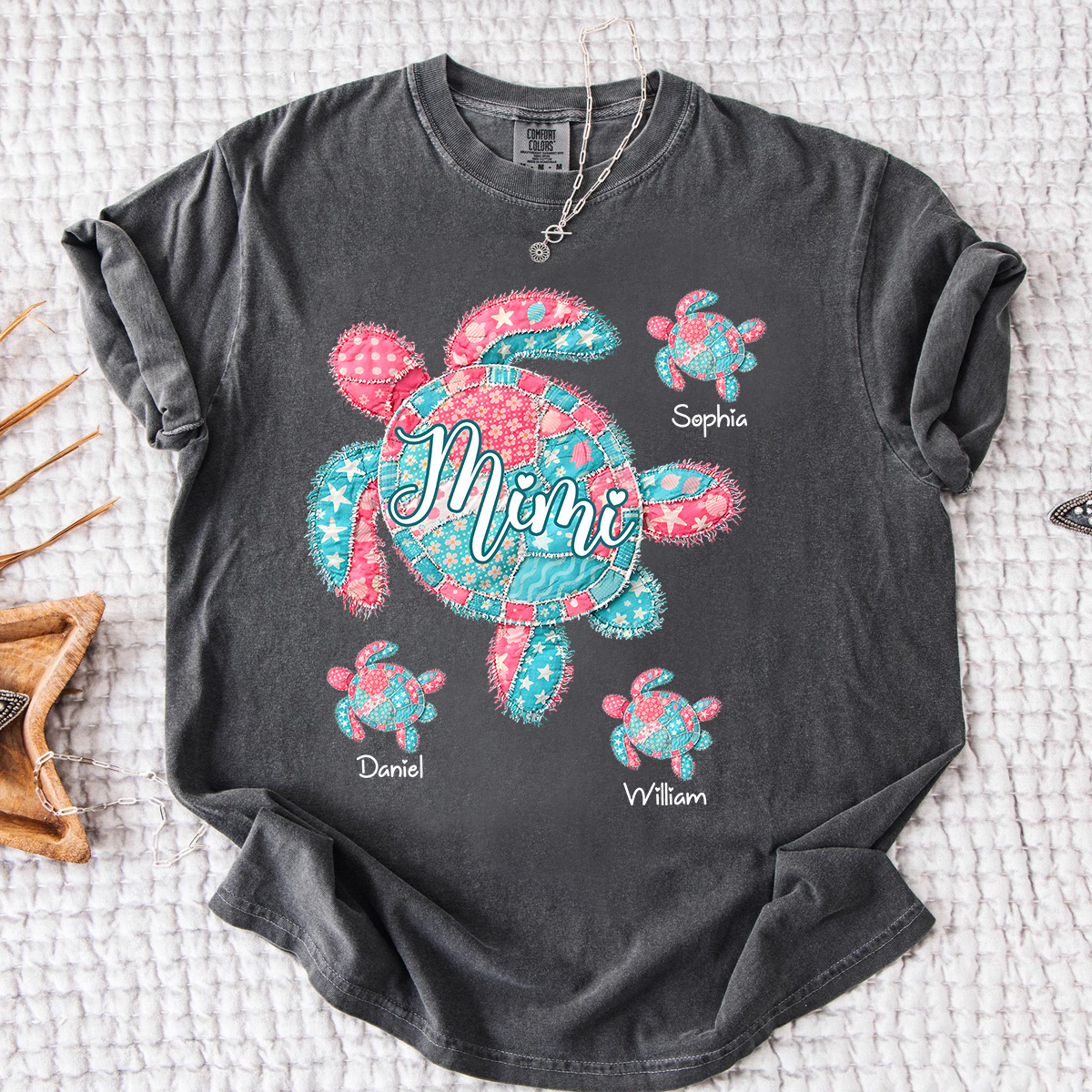 Comfort Colors Mimi Sea Turtle Shirt, Personalized Grandchildren Names T-Shirt, Coastal Grandma Beach Vacation Family Tee