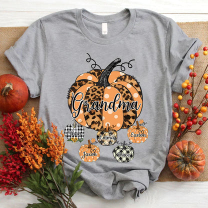 Grandma Pumpkin With Grandkids Leopard Shirt
