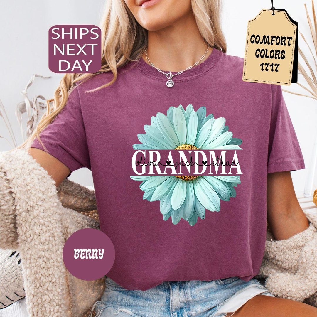 Grandma Flower Daisy Color And Grandkids T-Shirt