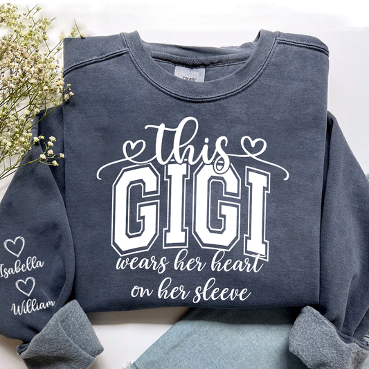 Personalized Mama Mimi Grandma Gigi Sweatshirt – Custom Names on Sleeve – Heart on Her Sleeve Gift for Mom & Grandma