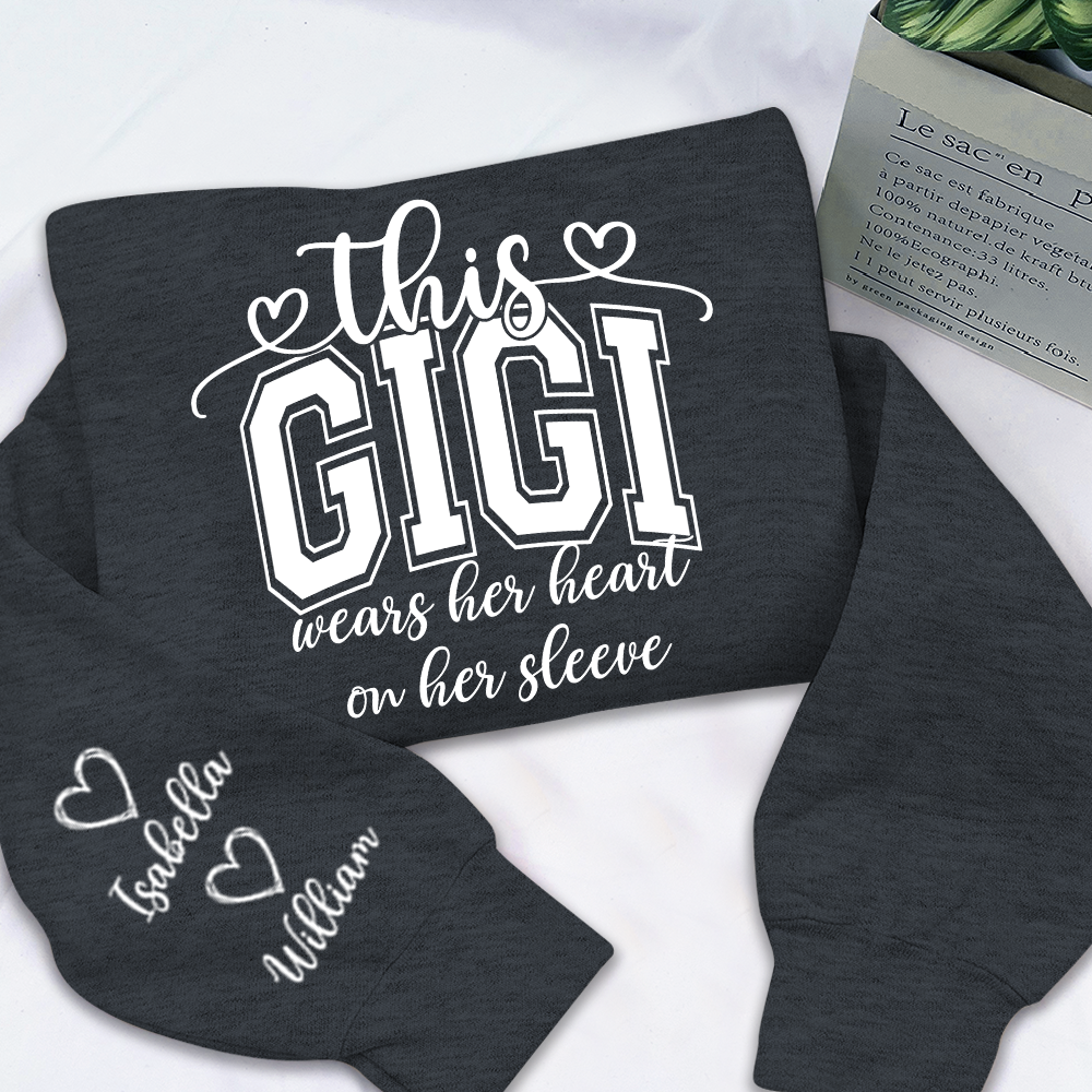 Personalized Mama Mimi Grandma Gigi Sweatshirt – Custom Names on Sleeve – Heart on Her Sleeve Gift for Mom & Grandma