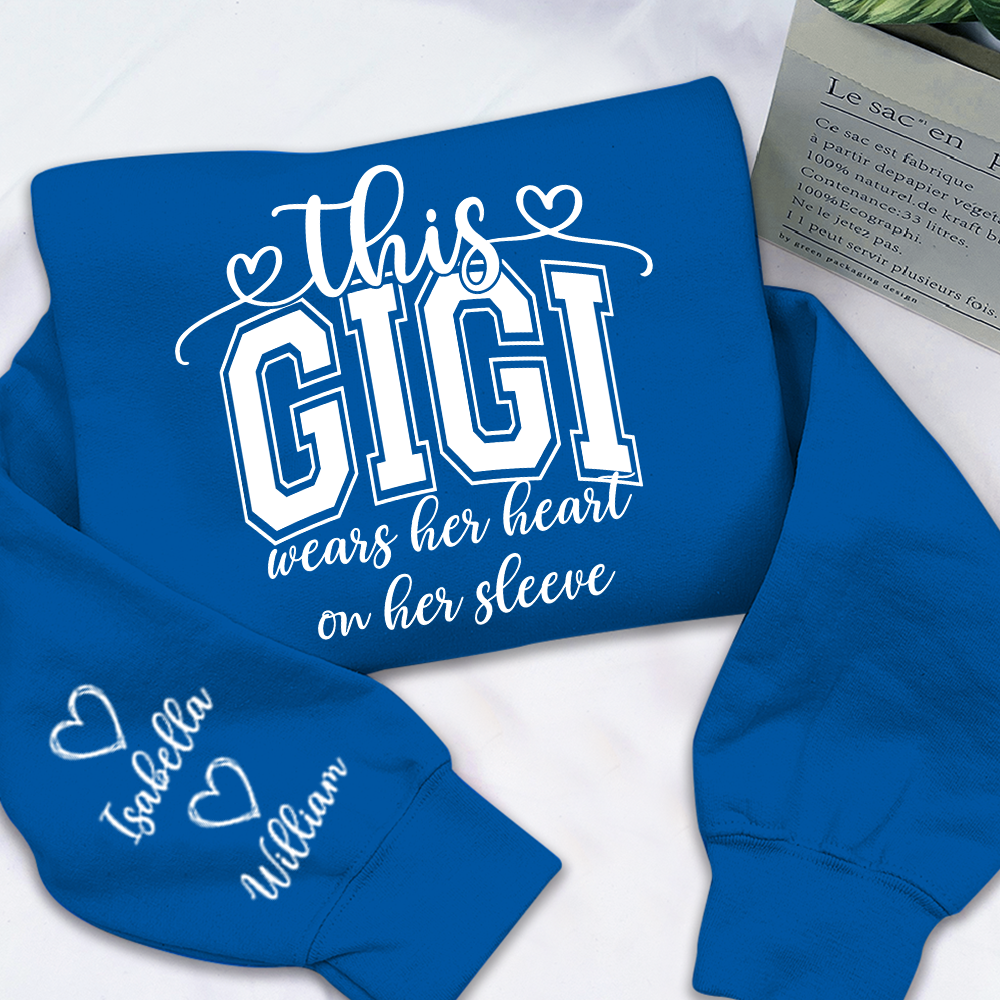 Personalized Mama Mimi Grandma Gigi Sweatshirt – Custom Names on Sleeve – Heart on Her Sleeve Gift for Mom & Grandma