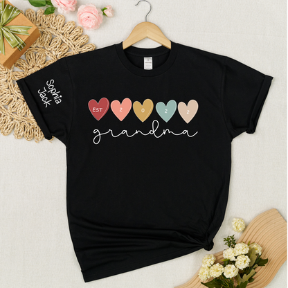 Personalized Grandma Est 2022 Shirt with Custom Grandkids Names on Sleeve, Colorful Heart Graphic T Shirt for Women, Meaningful Family Gift for Grandma from Kids