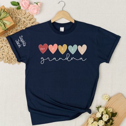 Personalized Grandma Est 2022 Shirt with Custom Grandkids Names on Sleeve, Colorful Heart Graphic T Shirt for Women, Meaningful Family Gift for Grandma from Kids
