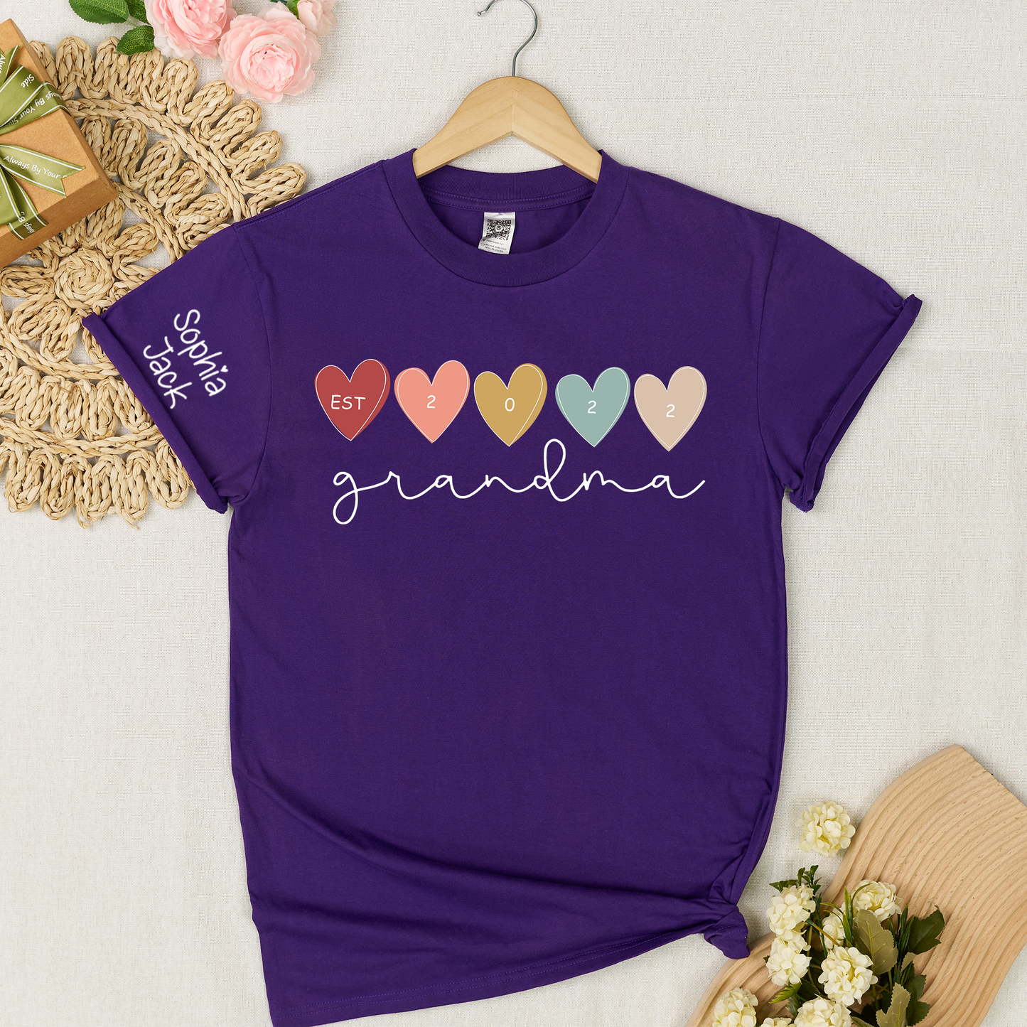 Personalized Grandma Est 2022 Shirt with Custom Grandkids Names on Sleeve, Colorful Heart Graphic T Shirt for Women, Meaningful Family Gift for Grandma from Kids
