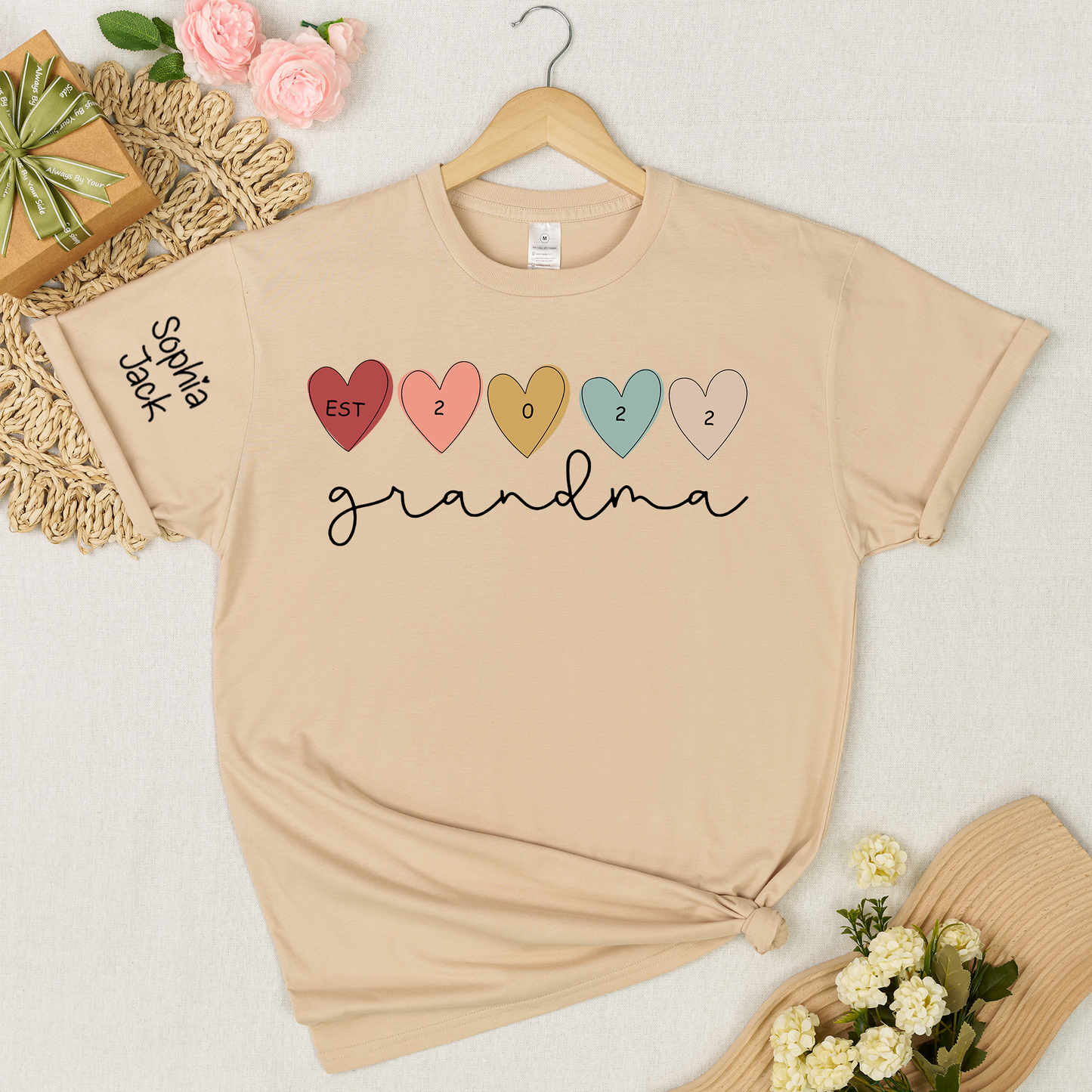 Personalized Grandma Est 2022 Shirt with Custom Grandkids Names on Sleeve, Colorful Heart Graphic T Shirt for Women, Meaningful Family Gift for Grandma from Kids