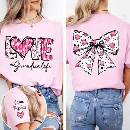 Custom LOVE Grandma Sweatshirt with Pink Heart Bow Design - Personalized with Grandkids' Names - Thoughtful Gift for Grandmothers