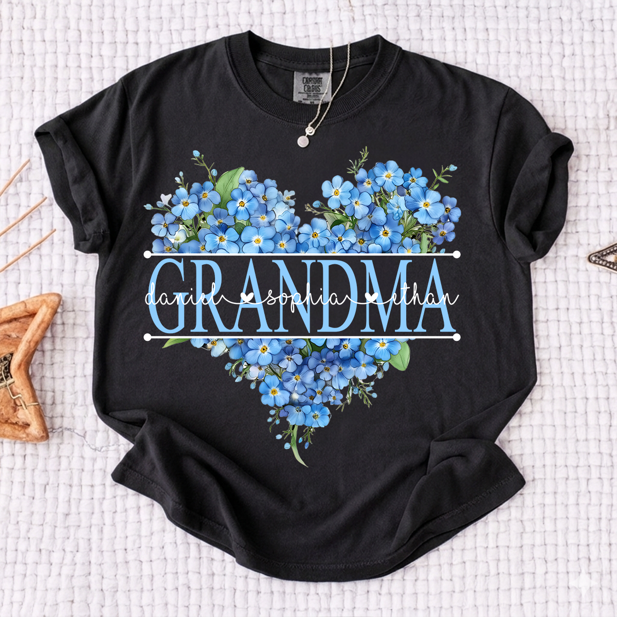 Comfort Mimi Blue Floral Shirt with Custom Grandchildren Names, Heart Family Tee