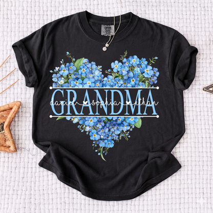 Comfort Mimi Blue Floral Shirt with Custom Grandchildren Names, Heart Family Tee