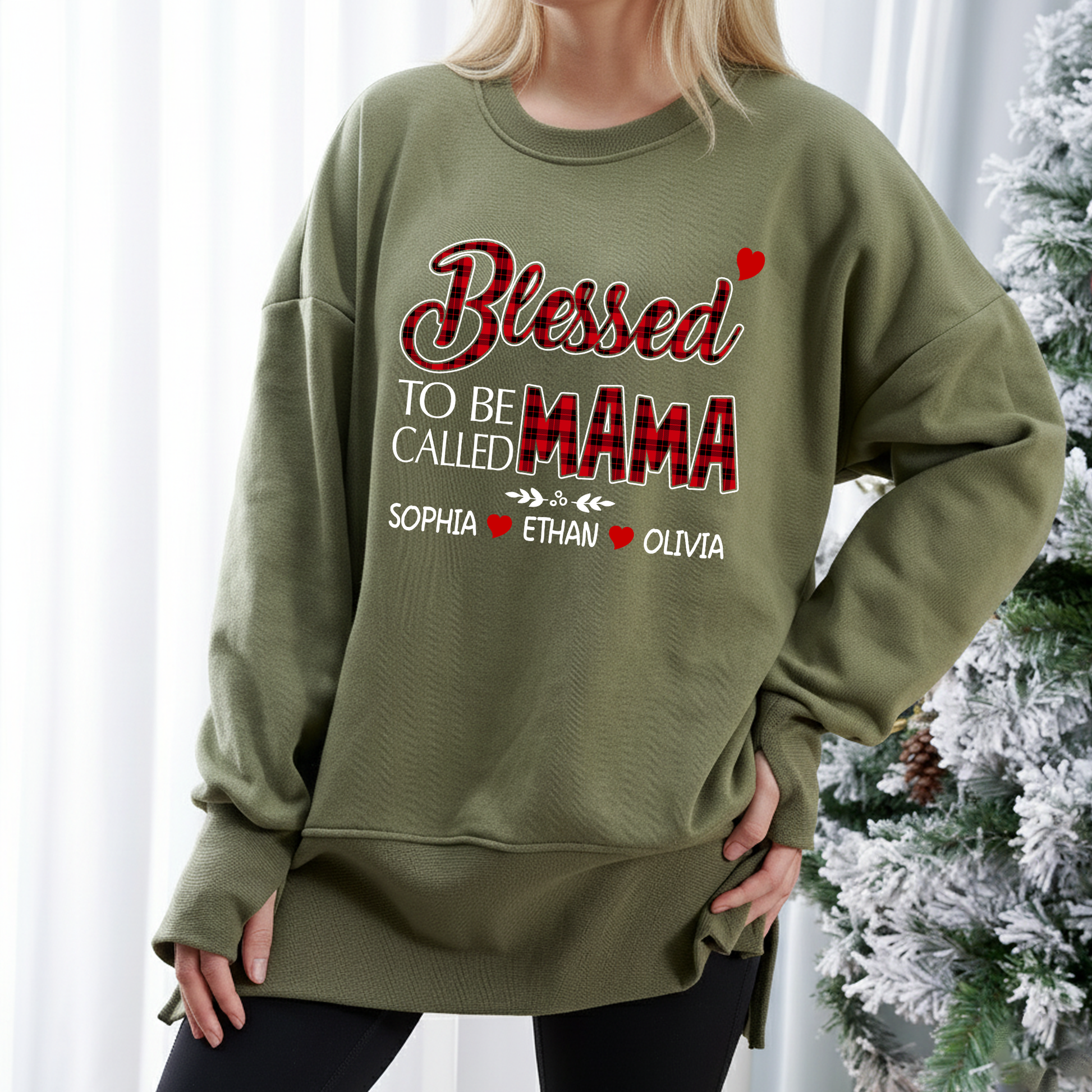 Blessed To Be Called Mama Sweatshirt – Personalized Oversized Pullover with Kids’ Names, Cozy Thumbhole Long Sleeve for Moms