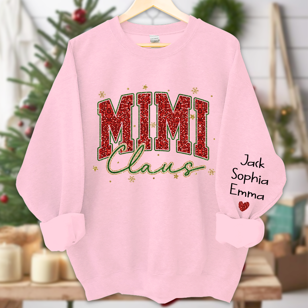 Personalized Mimi Claus Glitter Sweatshirt - Custom Christmas Sweater with Grandkids' Names - Festive Holiday Apparel for Grandmas
