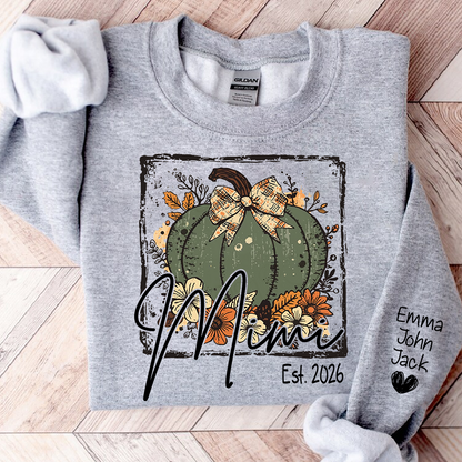 Mimi Pumpkin Shirt for Women, Floral Fall Bow Design Tee, Personalized Grandma T Shirt, Cozy Autumn Gift Idea