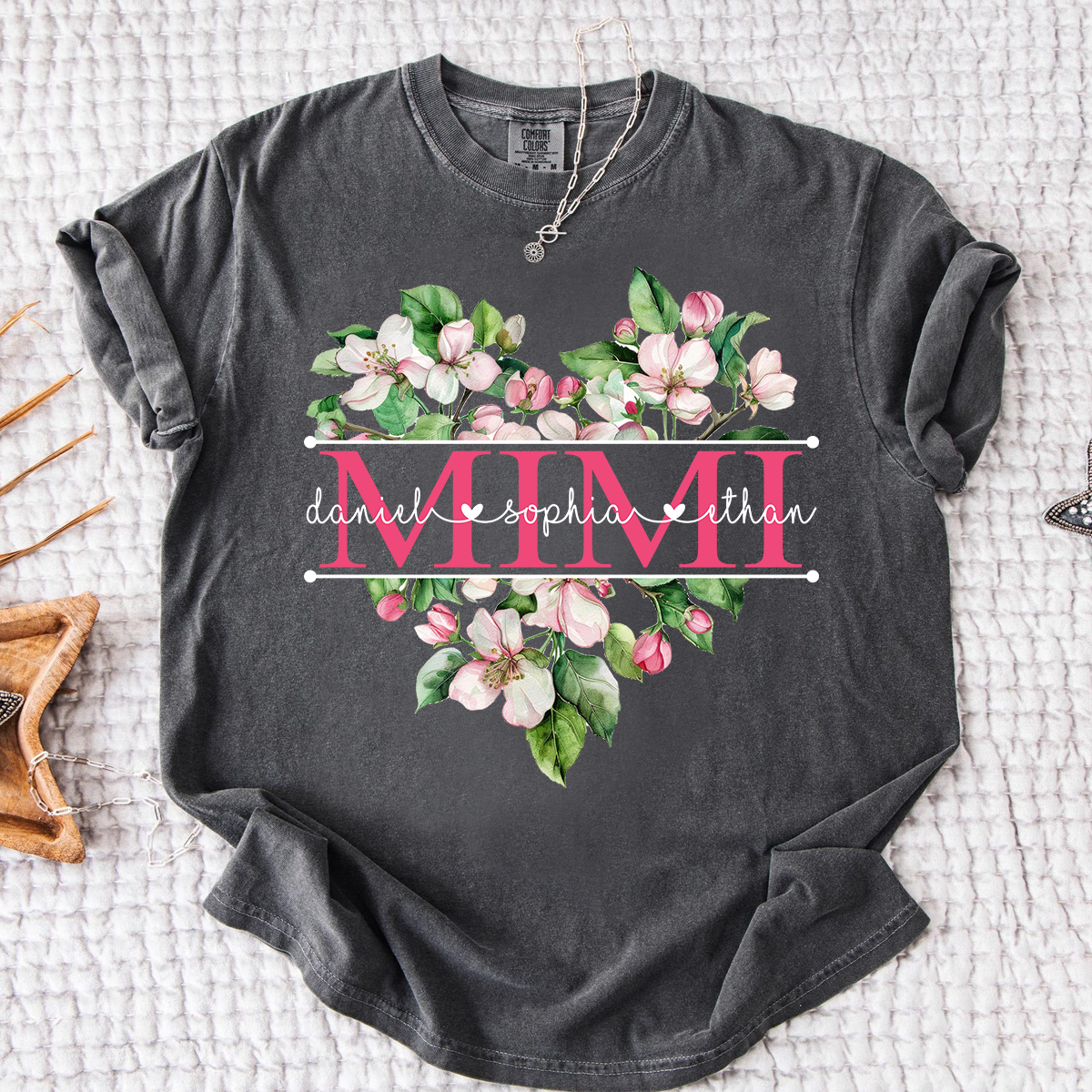 Comfort Personalized Mimi Flower Heart Shirt, Custom Names Family Gift T Shirt