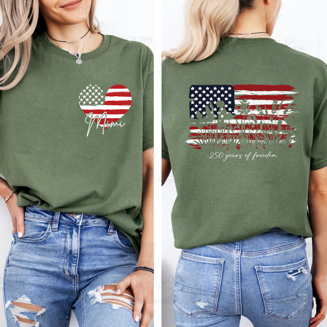 Personalized Mimi Patriotic Shirt, Custom Grandma Name USA Flag Heart T-Shirt, 4th of July Family Matching Tee for Mimi