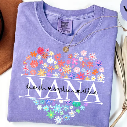 Comfort Colors Personalized Nana Flower Heart Shirt, Custom Grandma Nickname Tee With Kids Names, Mimi Gigi Grandma Floral Heart Design Family Grandkids Name Shirt Mothers Day Grandma Apparel