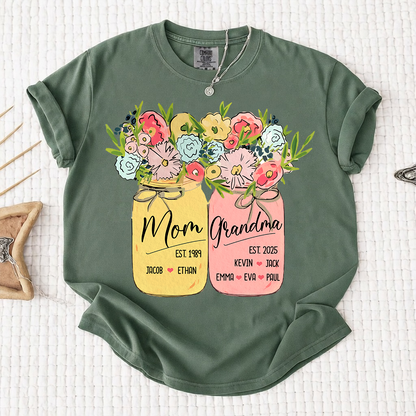 Personalized Mom Grandma Shirt Birth Flower Mason Jar Design Custom Nana Mimi Gigi Name Tee with Kids Names Meaningful Family Keepsake Gift for Women