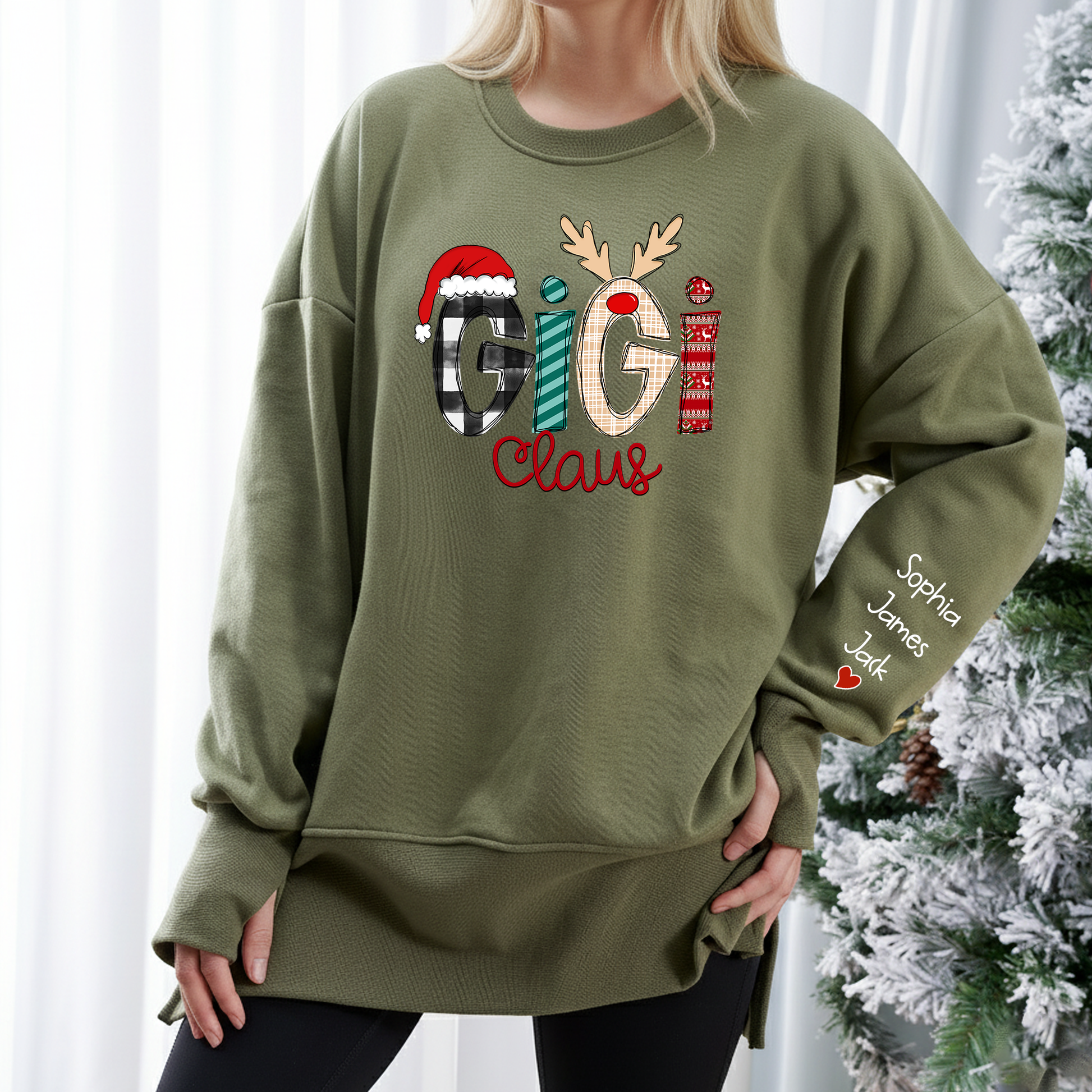 Personalized Gigi Claus Oversized Sweatshirt for Christmas – Custom Name Sleeve, Cozy Thumbhole Long Sleeve Holiday Pullover for Proud Gigi