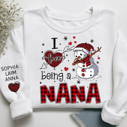 I Love Being a Nana Sweatshirt, Personalized Christmas Snowman Shirt with Kids Names