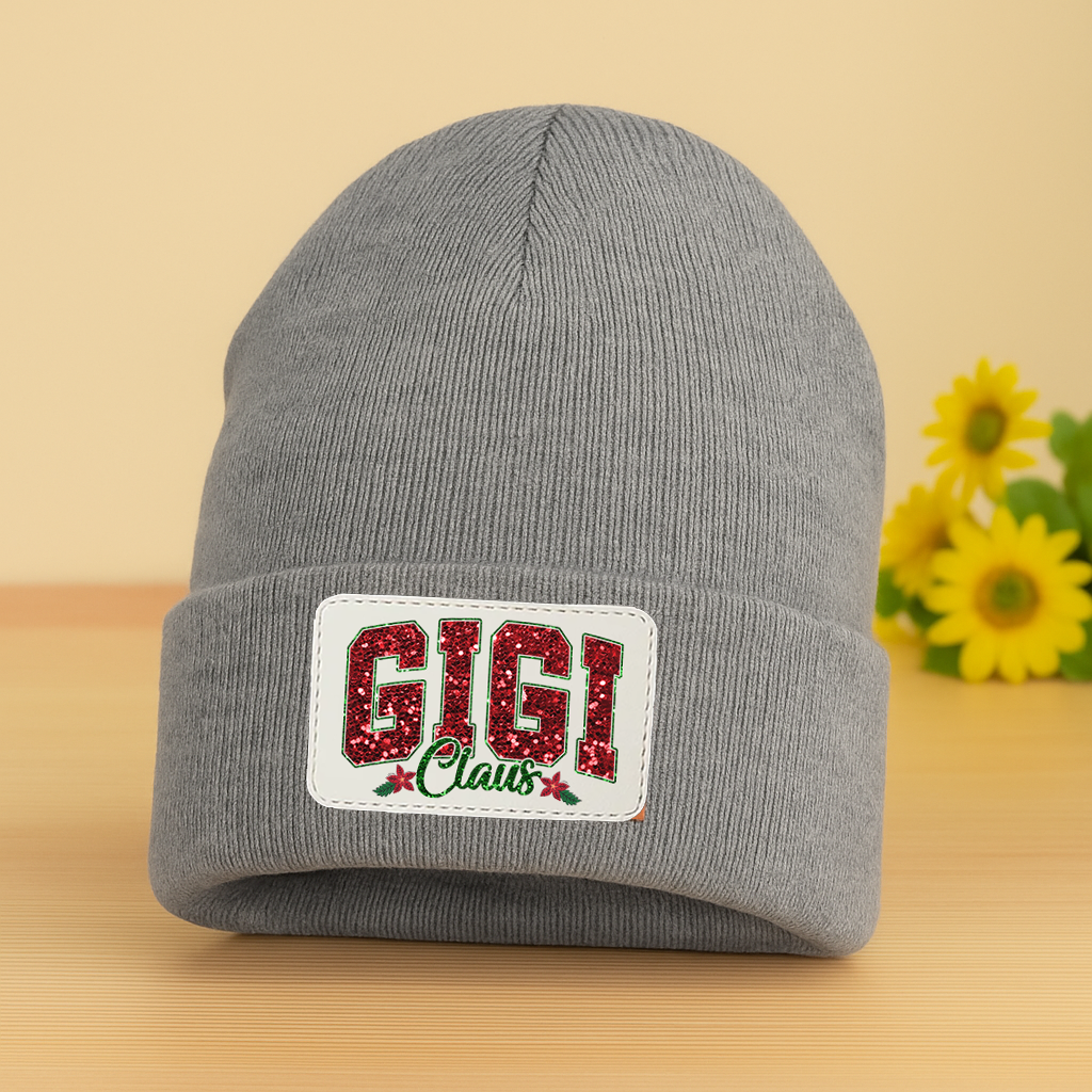 Personalized Gigi Claus Christmas Beanie, Custom Name Patch Knit Hat for Grandma, Holiday Gift for Gigi, Embroidered Winter Hat