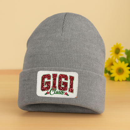 Personalized Gigi Claus Christmas Beanie, Custom Name Patch Knit Hat for Grandma, Holiday Gift for Gigi, Embroidered Winter Hat