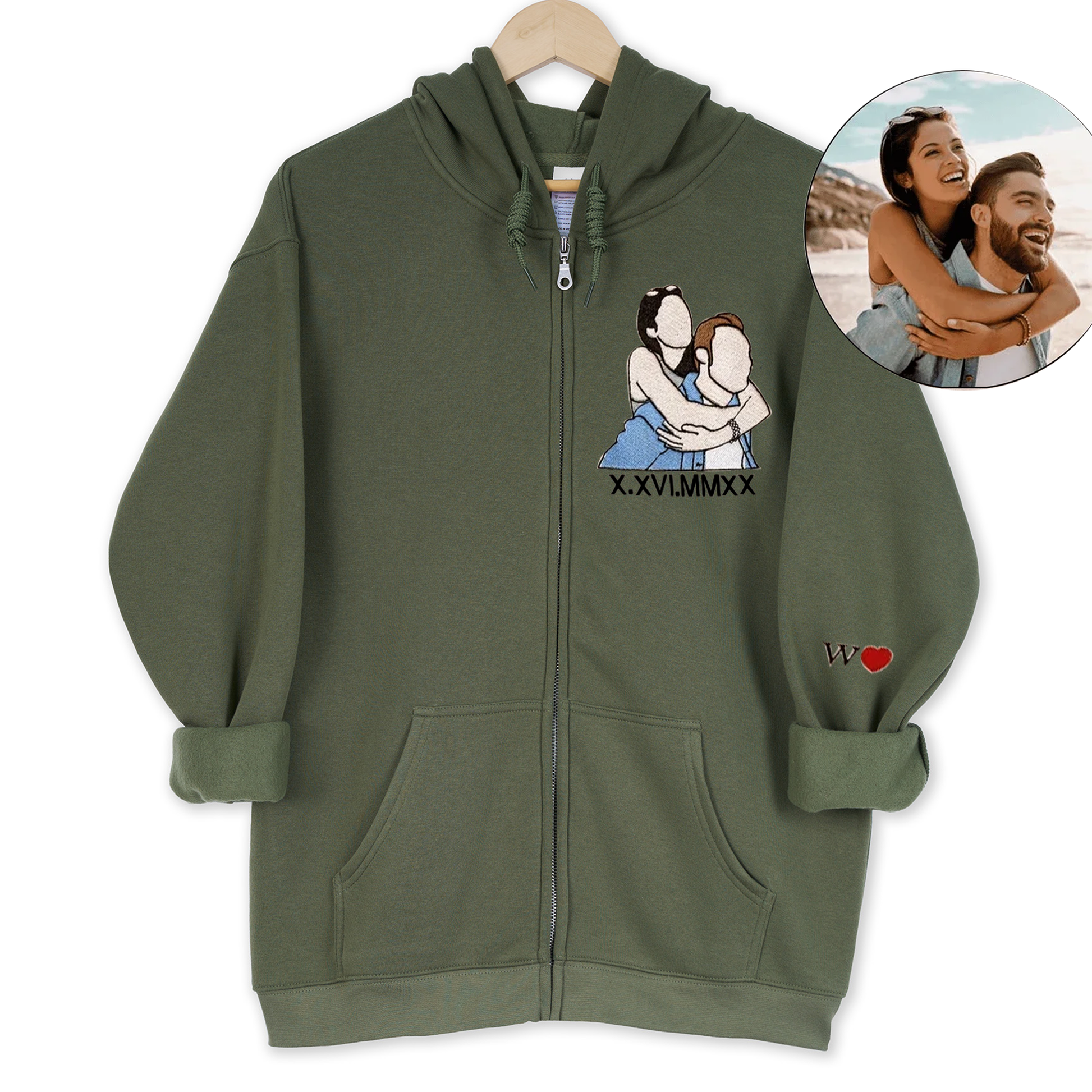 Personalized Embroidered Zip Hoodie, Custom Portrait Couple Embroidered Zip Hoodie