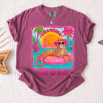 Comfort Colors® Custom Grandma Preppy Summer Gift Shirt, Gift For Grandma And Kids, Girly Beach Tee Retro Leopard Shirt Design Cute Summer Colorful Summe