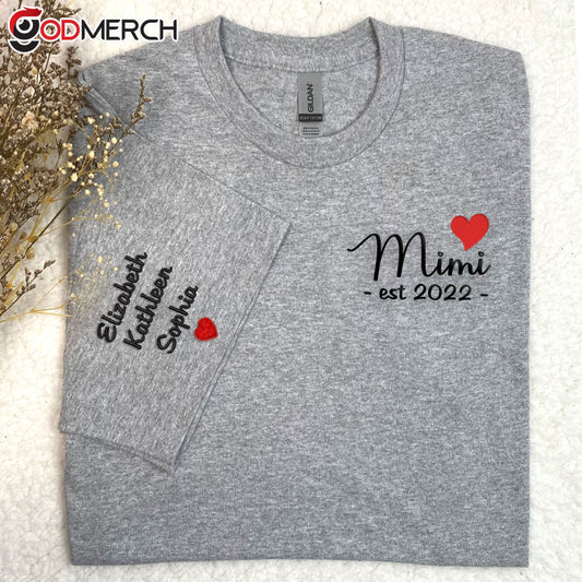 Embroidered Mimi Est, Grandma with Grandkids Embroidered T-shirt