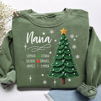 Nana Christmas Sweatshirt with Grandkids’ Names, Cute Tree Holiday Gift