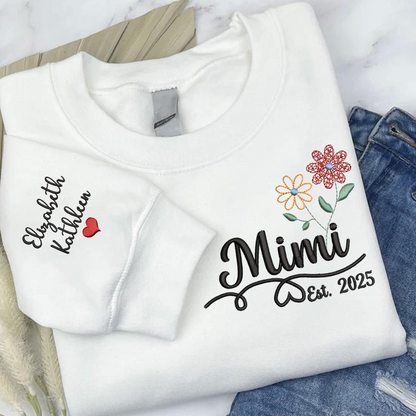 Personalized Embroidered Name Sweatshirts with Flowers, Gifts For Grandma And Kids