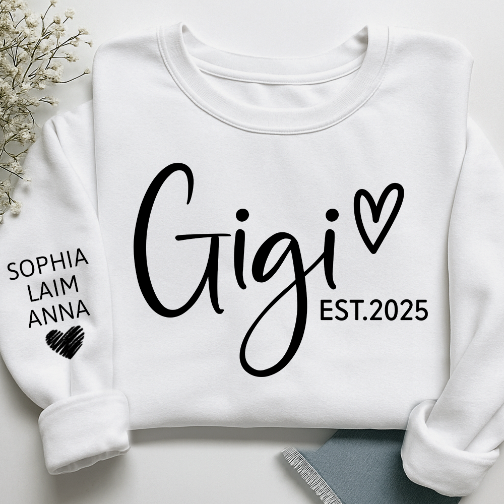 Personalized Gigi Est Heart Sweater, Gift for Grandma and Kids, Unique Gift for Grandma and Family