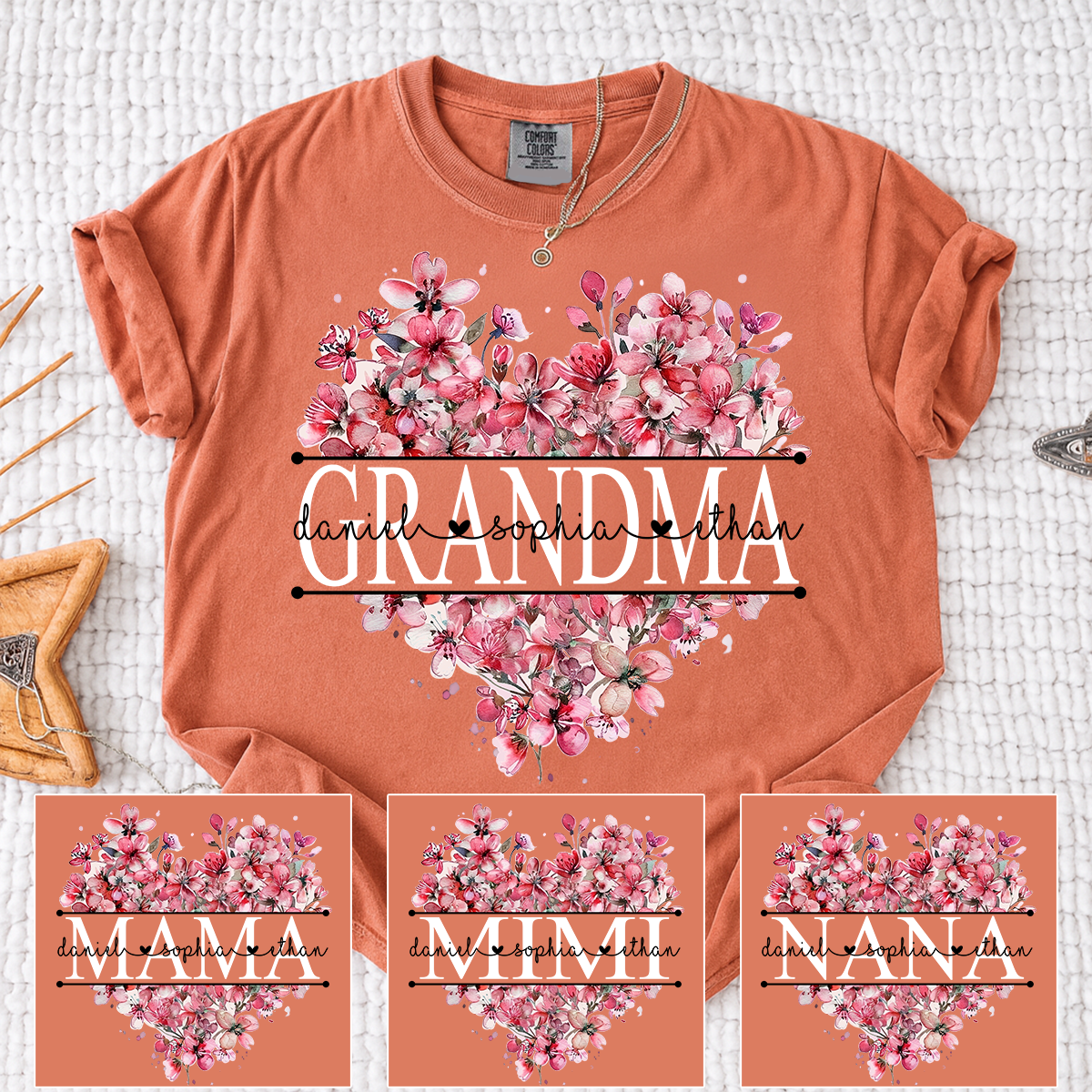 Comfort Colors Floral Heart Grandma Shirt, Custom Family Names and Heart Floral Design T Shirt