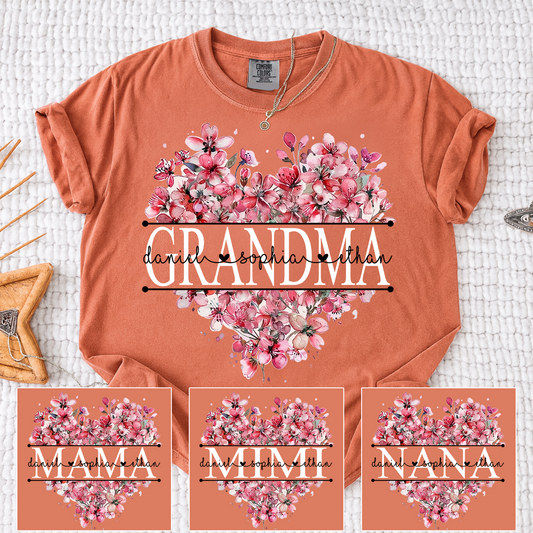 Comfort Colors Floral Heart Grandma Shirt, Custom Family Names and Heart Floral Design T Shirt