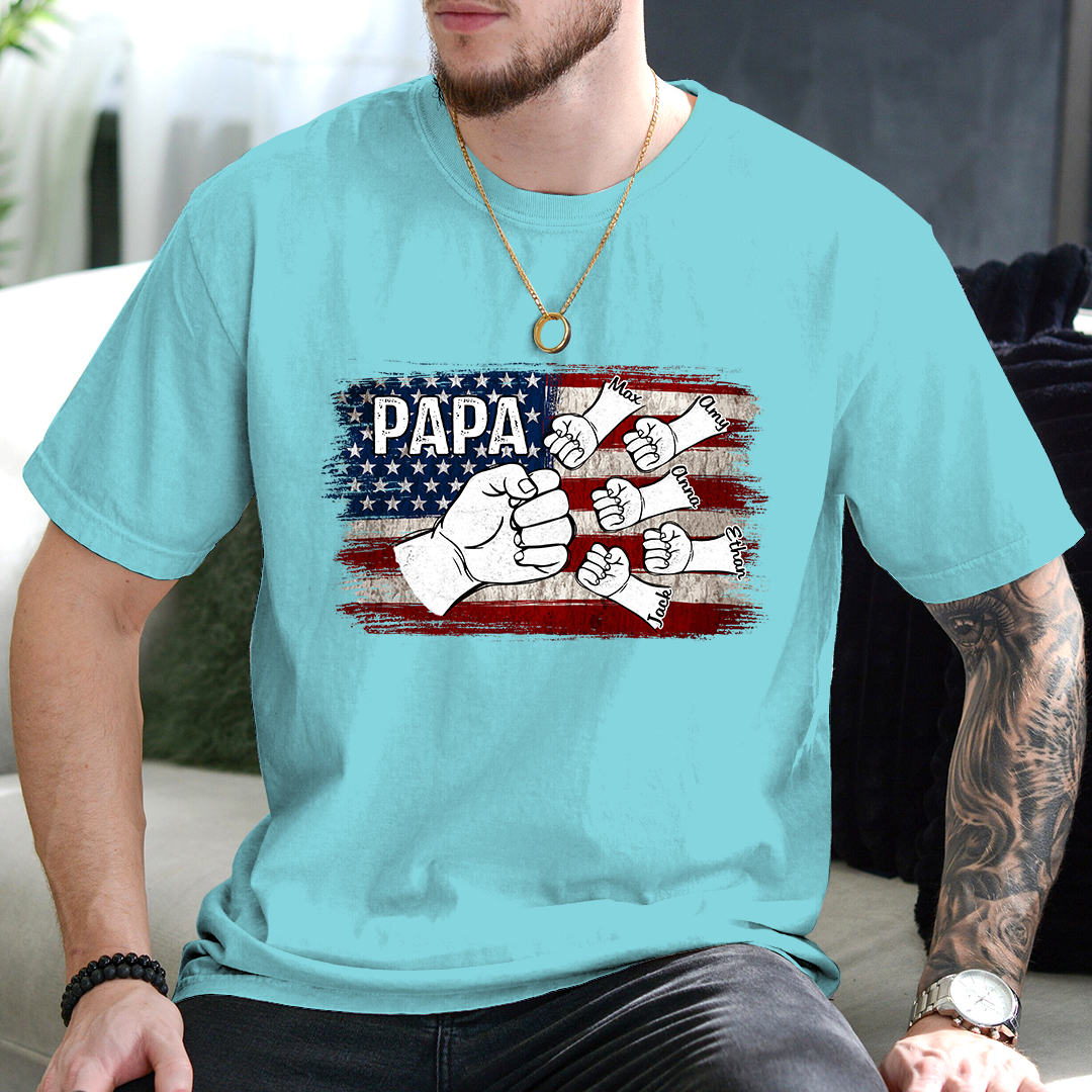 Comfort Colors® Papa Fist Bump Shirt with Kids Names – American Flag Custom T-Shirt for Dad