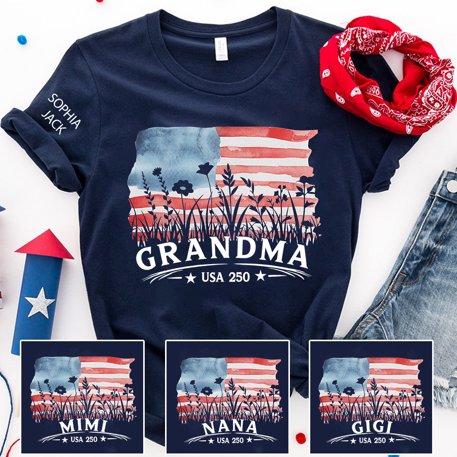 Personalized Grandma Shirt Patriotic USA Flag Wildflower Design Custom Nana Mimi Gigi Name Tee U.S. 250th Anniversary 4th of July Family Outfit