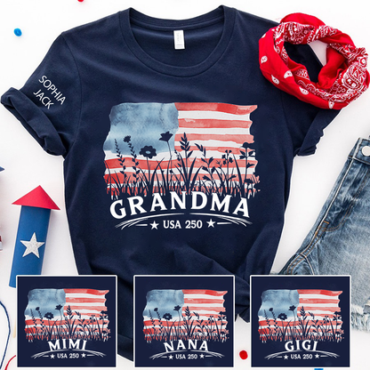 Personalized Grandma Shirt Patriotic USA Flag Wildflower Design Custom Nana Mimi Gigi Name Tee U.S. 250th Anniversary 4th of July Family Outfit
