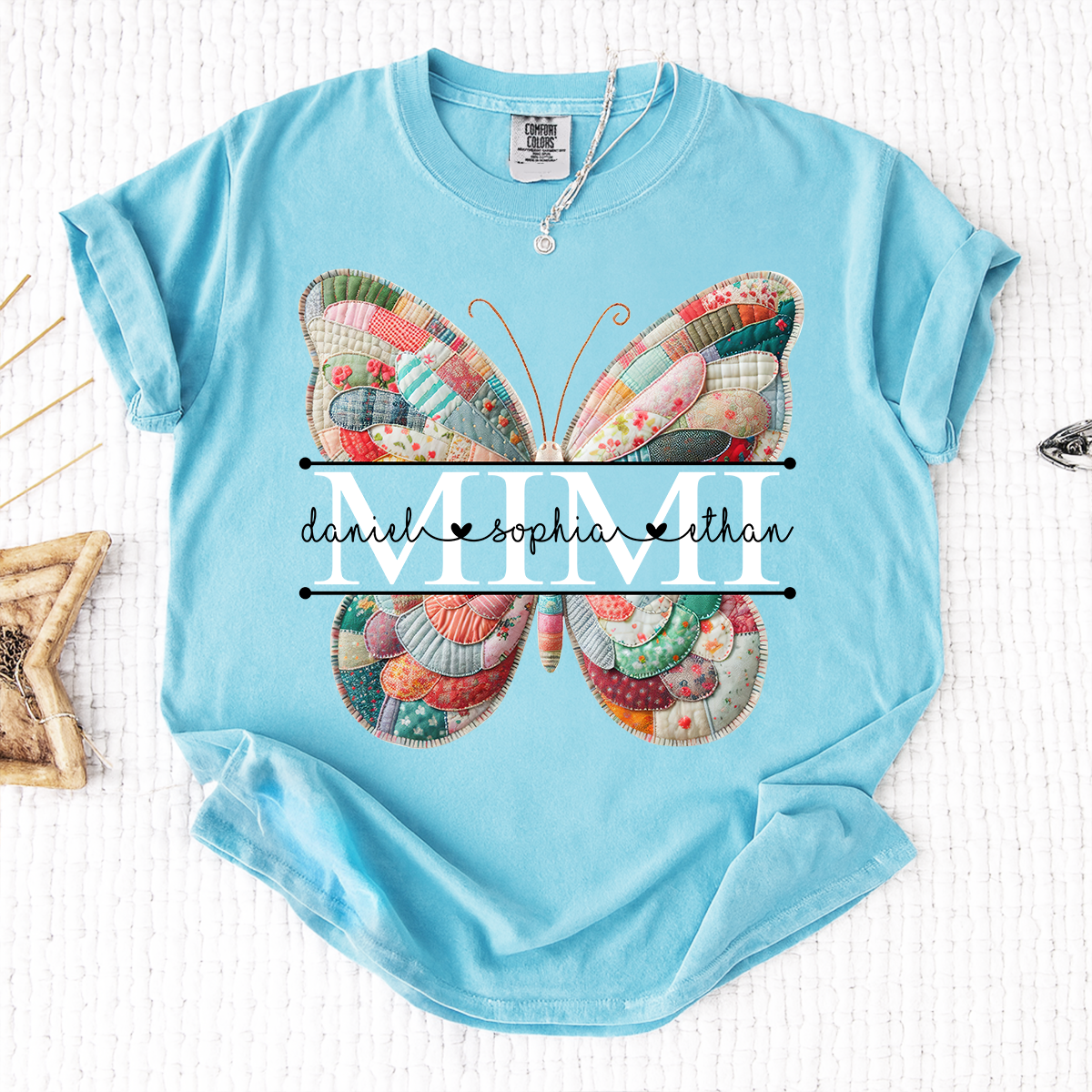 Custom Mimi T Shirt with Butterfly Patchwork Graphic, Personalized Family Names Tee