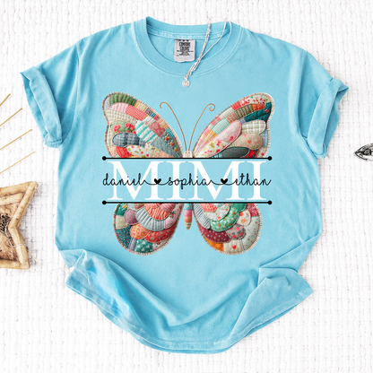 Custom Mimi T Shirt with Butterfly Patchwork Graphic, Personalized Family Names Tee