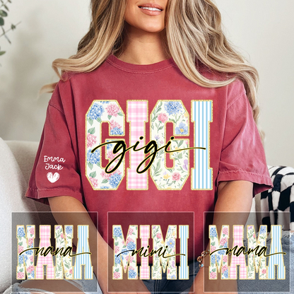 Custom Gigi T Shirt for Women, Personalized Grandma Tee, Floral Pattern Letters Graphic Shirt, Family Love Gift for Gigi