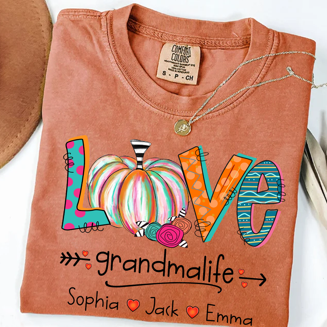 Comfort Colors® Grandma Life Pumpkin Shirt with Grandkids Names – Fall Personalized Gift for Nana, Gigi