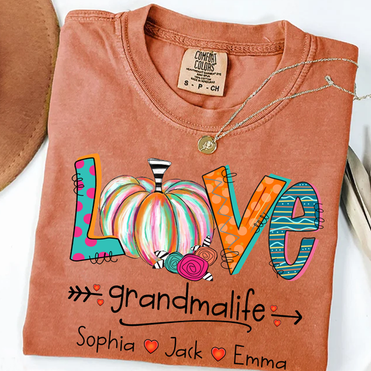 Comfort Colors® Grandma Life Pumpkin Shirt with Grandkids Names – Fall Personalized Gift for Nana, Gigi