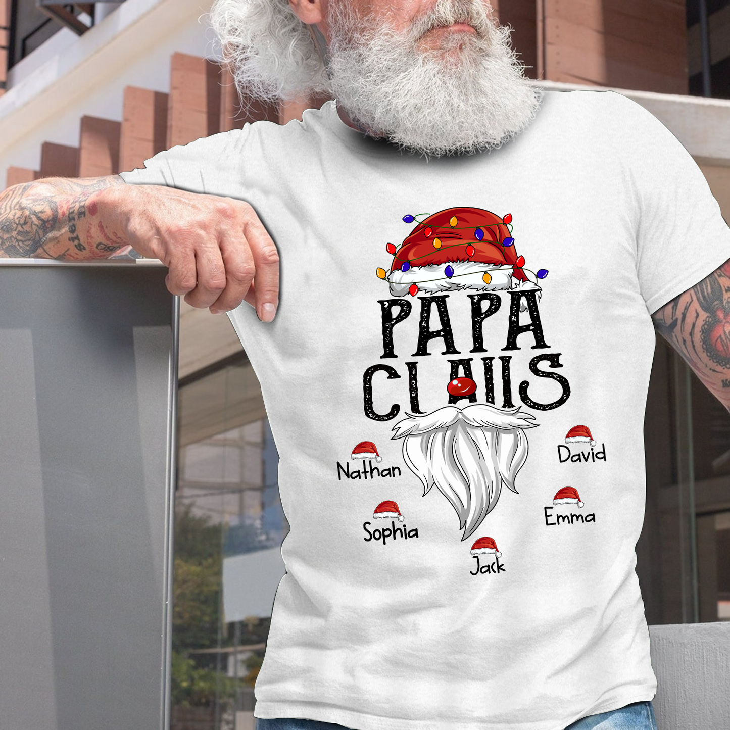 Hat Santa With Christmas Lights, Gift For Grandpa, Custom Give Papa And Kids T-Shirt