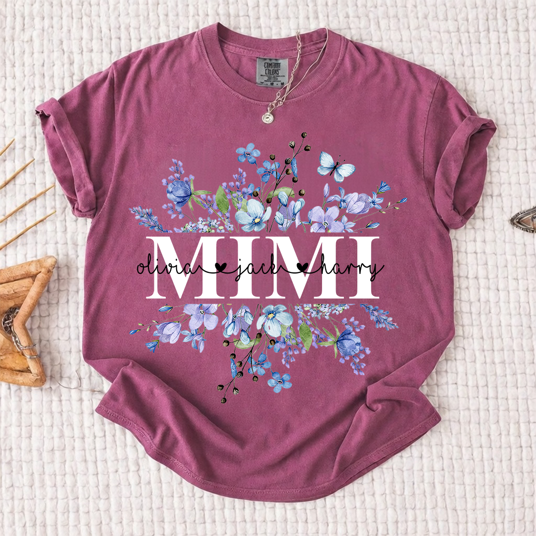 Comfort Colors Personalized Mimi Shirt Blue Wildflower Design Custom Grandma Nana Gigi Name Tee with Grandkids Names Elegant Family Outfit for Women